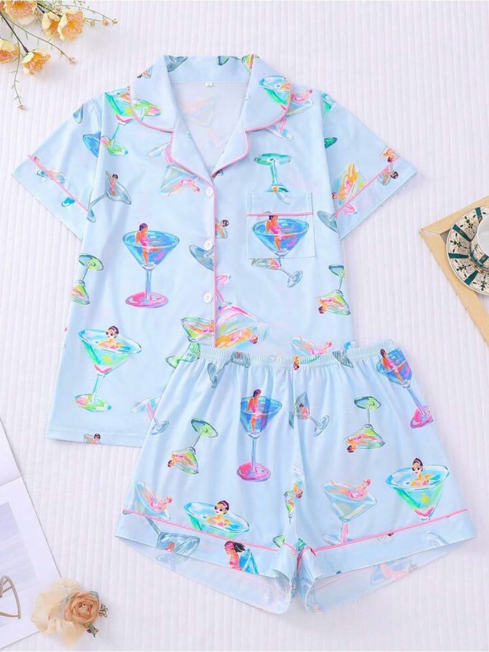 Light Blue Short Pajama Set with Cocktail Print